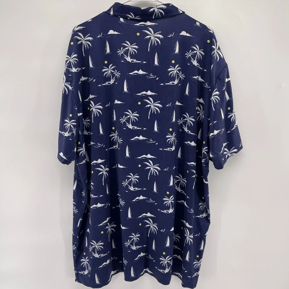 Kaipar Mens 3XL Navy Blue Tropical Palm Tree Sailboat Short Sleeve Polo Shirt - Picture 5 of 5